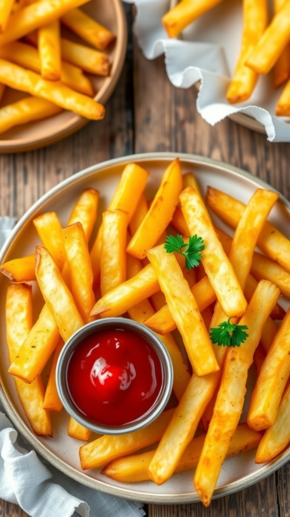 Crispy Air Fryer Yellow Potato French Fries Crispy yellow potato french fries on a plate with ketchup, garnished with parsley on a wooden table.